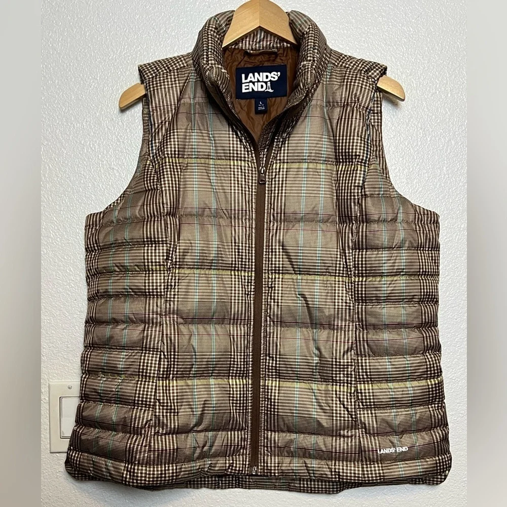 Lands End Down Vest 600 Fill Plaid Brown Size Large